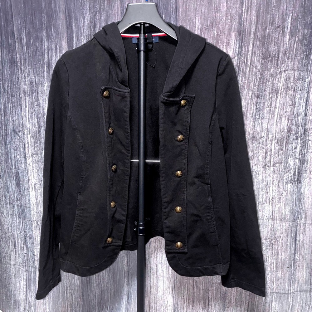 TOMMY HILFIGER Black Army Style Soldier Button Jacket Sweater‎ Collar Womens XL